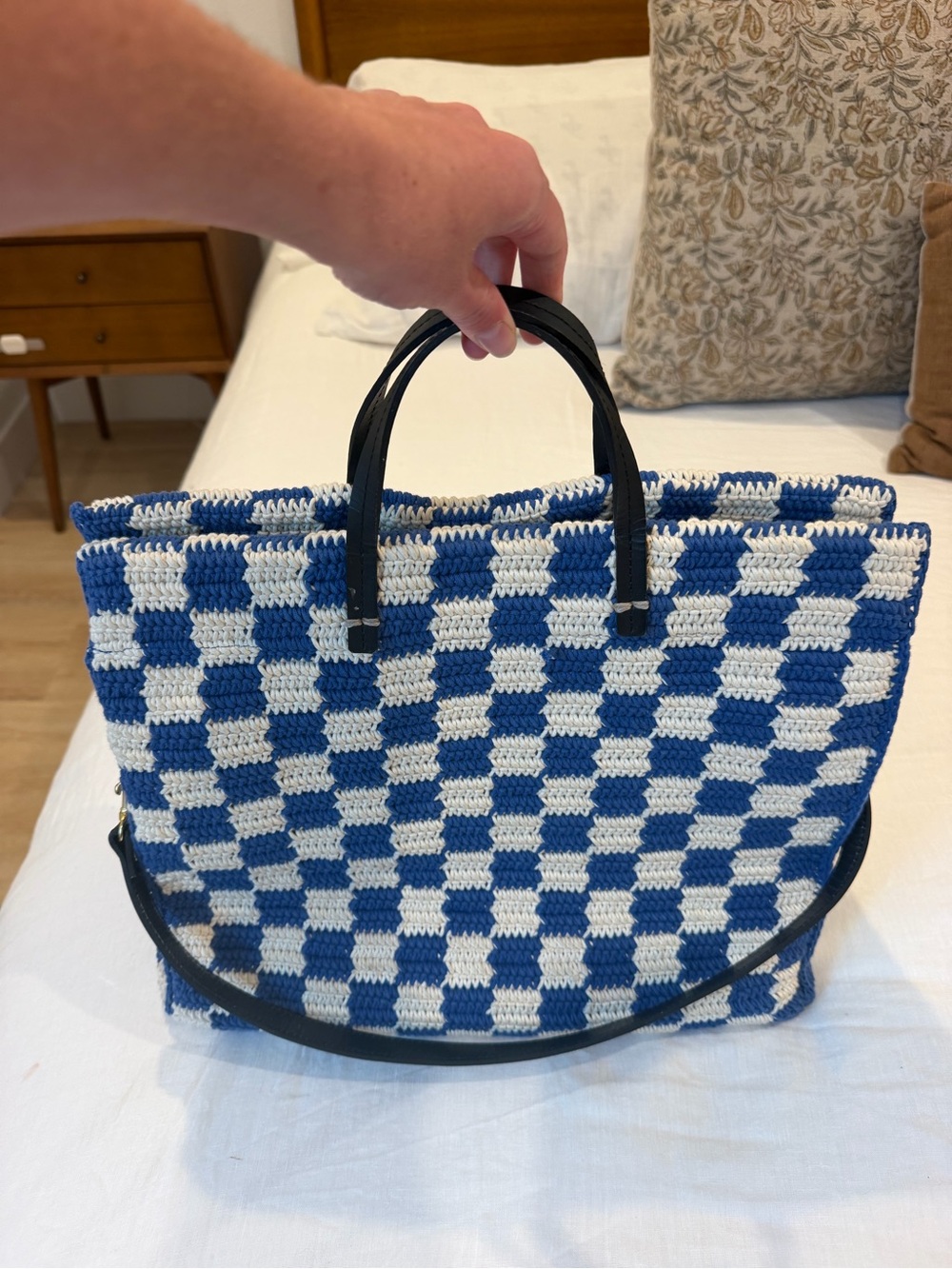 Clare V.  Summer Simple Tote. Blue / Cream Crochet Checker. - Picture 4 of 7